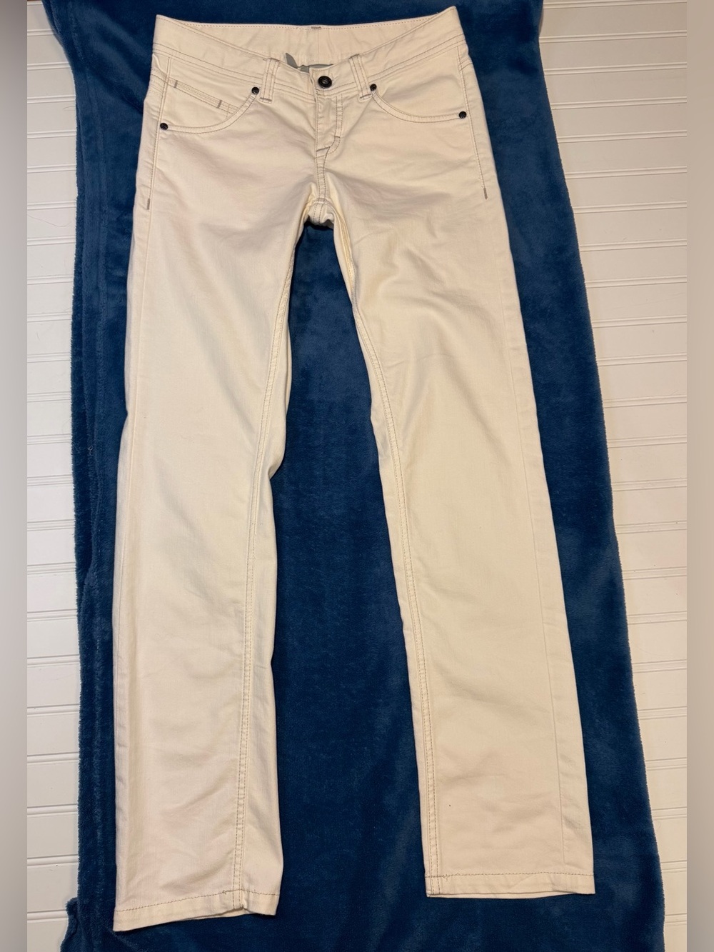 Athleta Frontier Jeans cream/bone canvas trail pants size 4 hidden draw string
